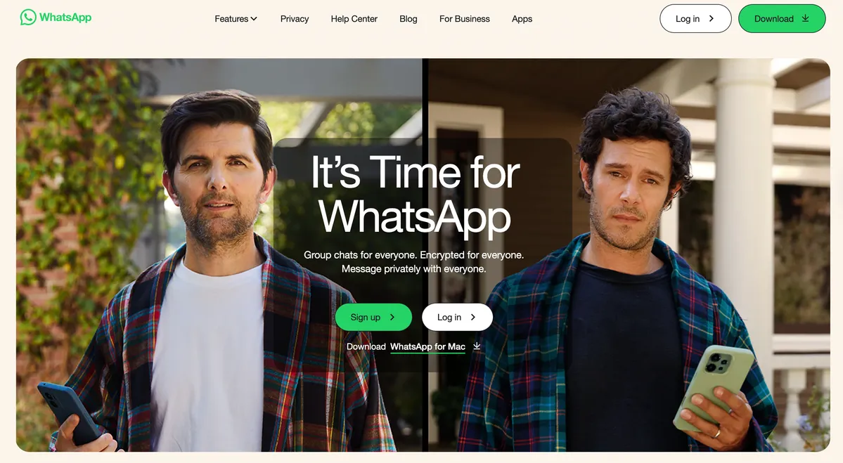 WhatsApp website homepage screenshot for the remove fake WhatsApp account guide