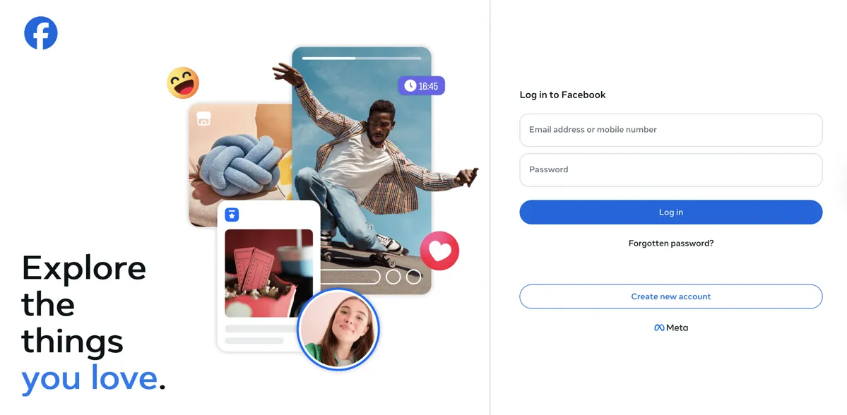Facebook login page website homepage screenshot for the Facebook content removal guide