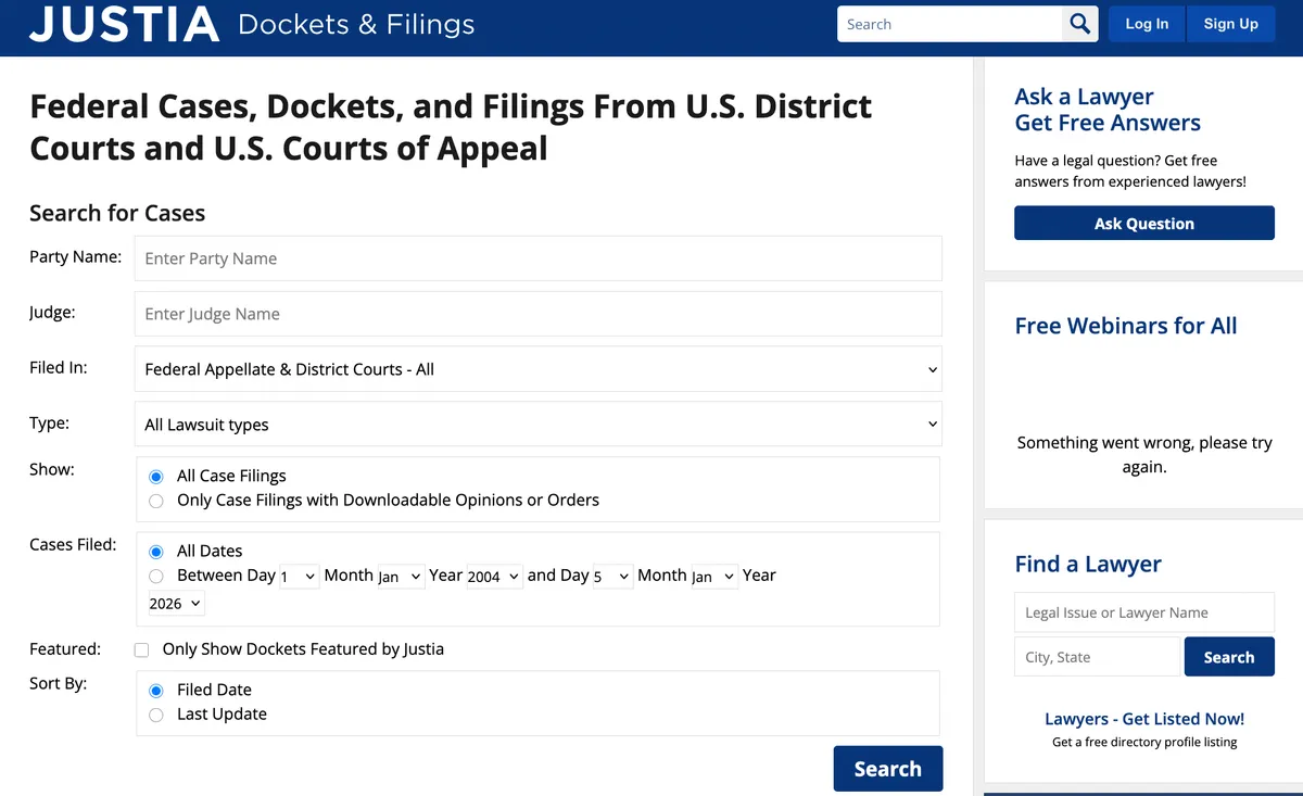 Justia website homepage screenshot for the Justia court record removal guide