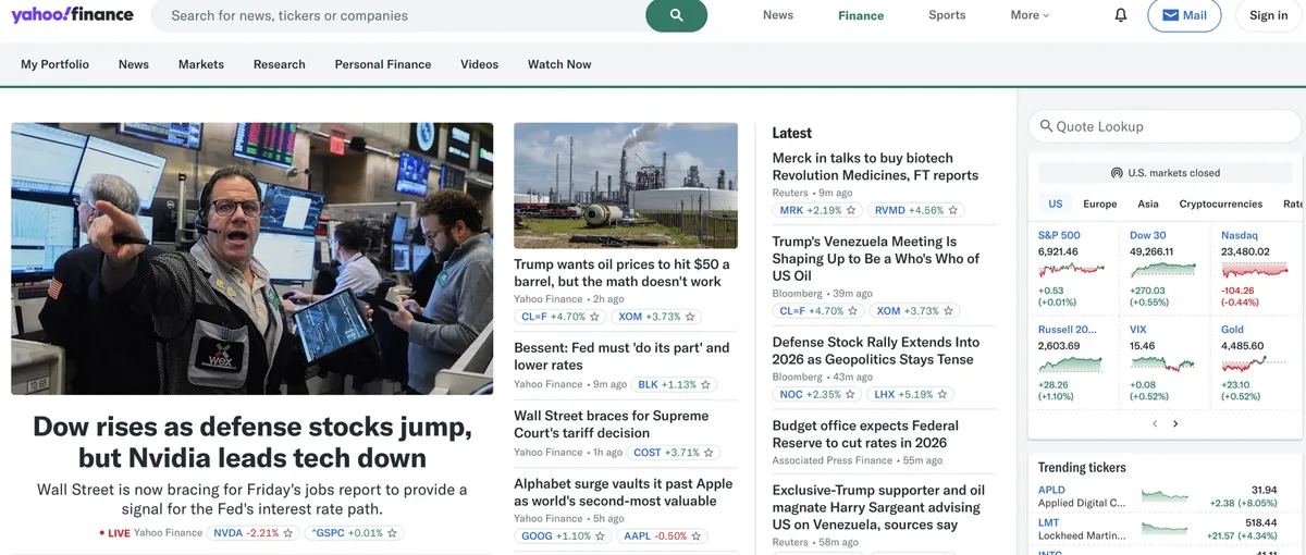 Yahoo Finance website homepage screenshot for the Yahoo Finance content removal guide