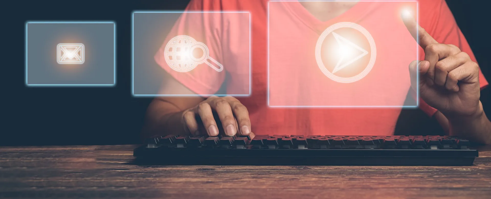 Hands on a keyboard with floating interface icons