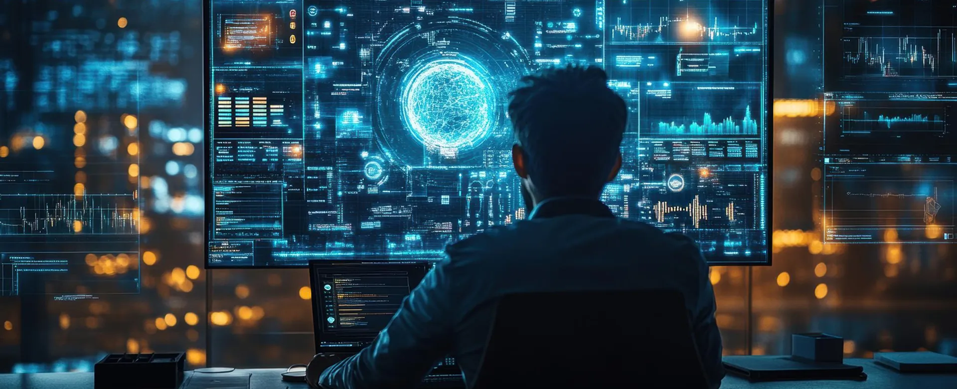 Analyst reviewing digital data on large monitors