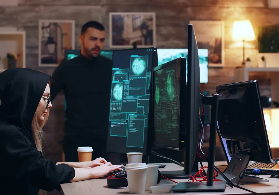 Analysts at several monitors, representing search and threat analysis