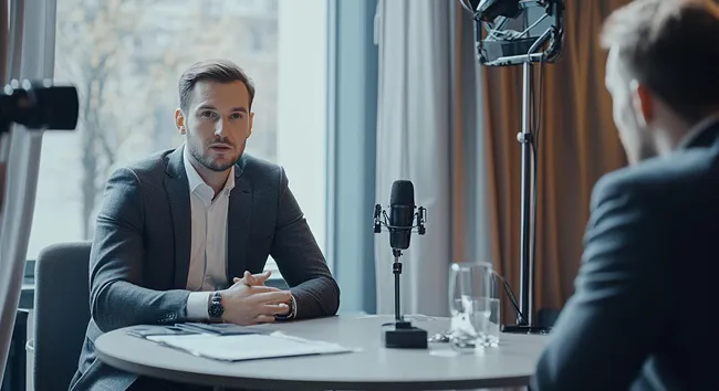 Two people seated at a table with microphones, recording an interview