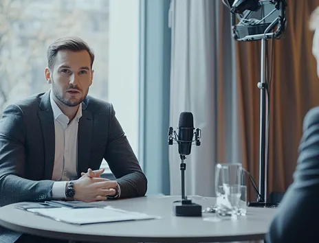 Two people seated at a table with microphones, recording an interview