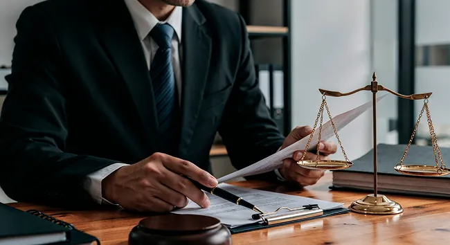 Lawyer at a desk beside scales of justice, representing professional authority