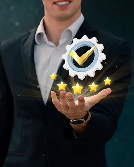 Businessman holding a quality badge with five stars, representing reputation strengthening
