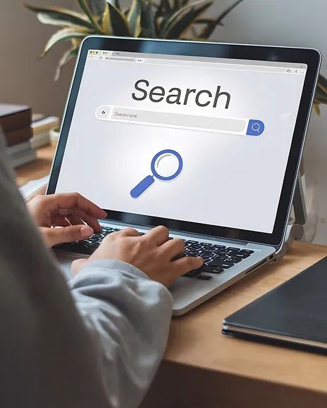 Laptop showing a search bar and magnifying glass, representing search visibility