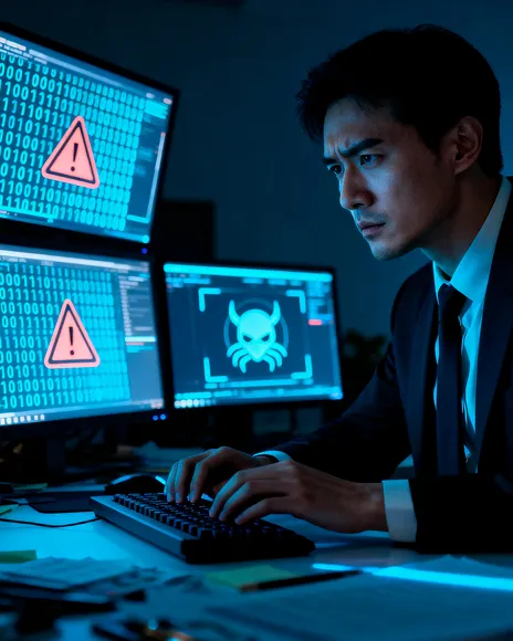 Analyst monitoring security alerts on multiple screens