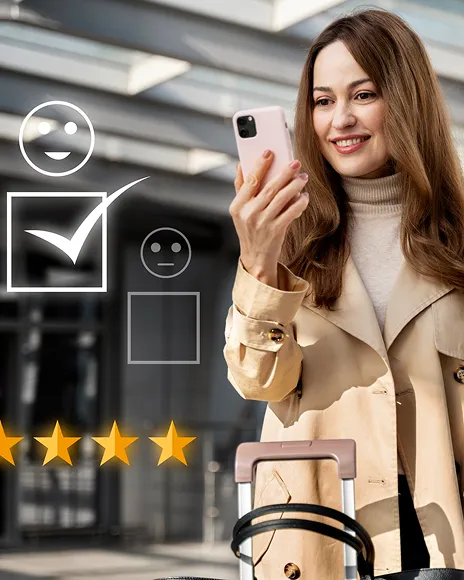 Woman holding a phone with checklist and star ratings, representing page-one reputation