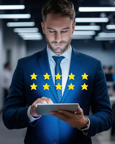 Businessman holding a tablet with gold stars, representing a rebuilt professional reputation