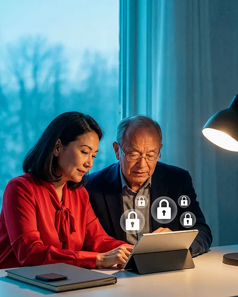 Two professionals with padlock icons over a tablet, representing trust and credibility