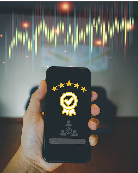 Phone displaying a gold award badge and star rating, representing editorial coverage