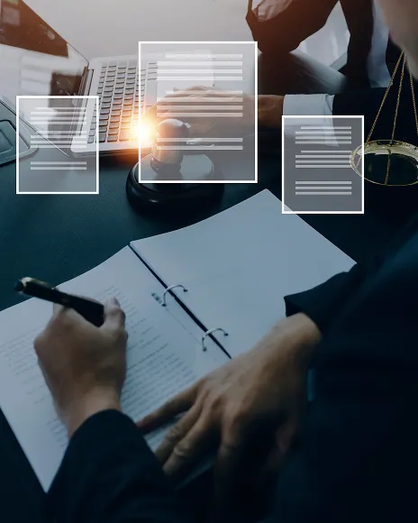 Hand signing a document beside floating screens, representing evidence preservation