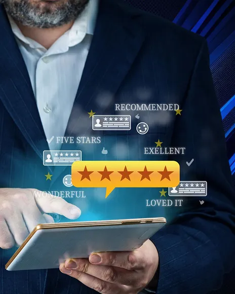 Executive holding a tablet showing five-star reviews