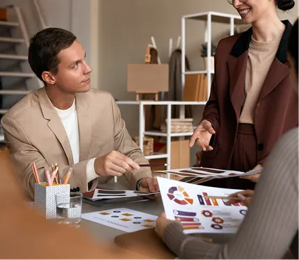Company team reviewing brand performance