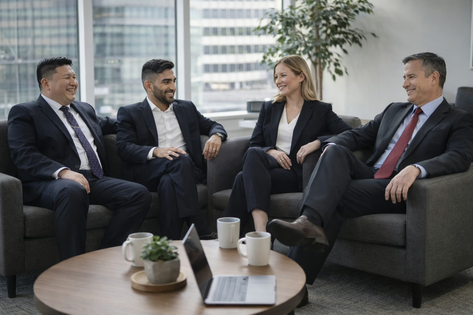 Four Respect Network leaders in conversation in a modern office lounge